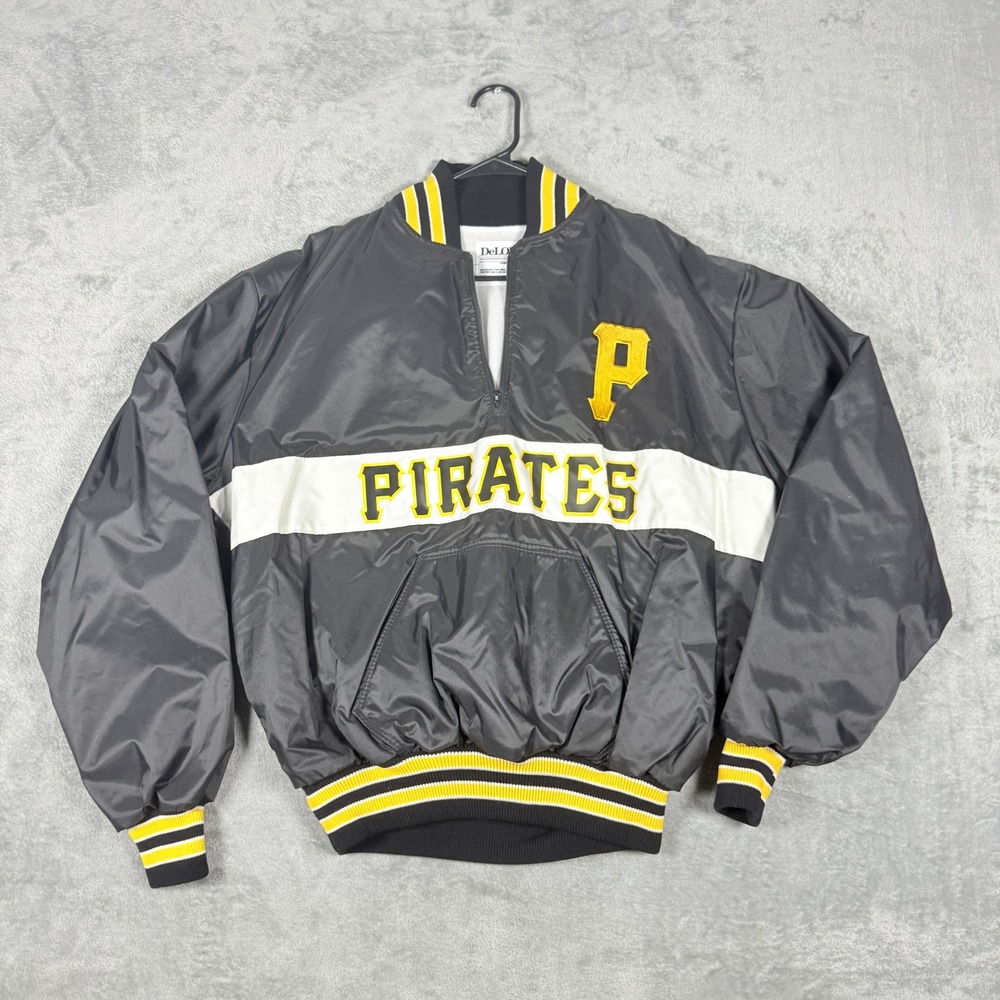 Vintage DeLONG Mens Large Pittsburgh Pirates Satin Nylon Quarter Zip Jacket